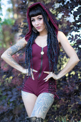 Racer Hooded Romper - Maroon Red with Flower of Life Print Lace